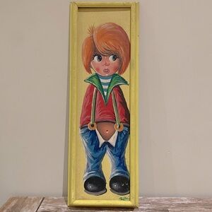 ⭐️Vintage Art Print with Yellow Frame of Big Eyed Red Head⭐️